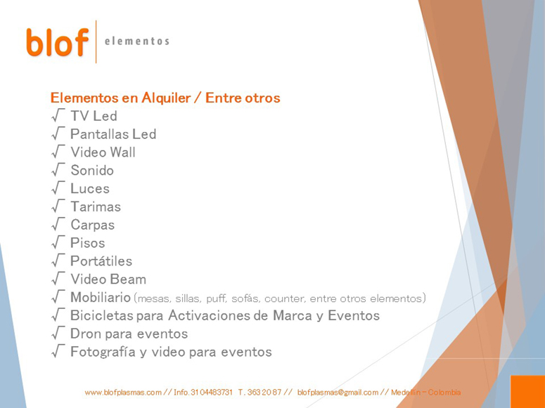 Blof plasmas · Alquiler TV Plasmas · Alquiler Mobiliario · Stands· Medellin, Colombia